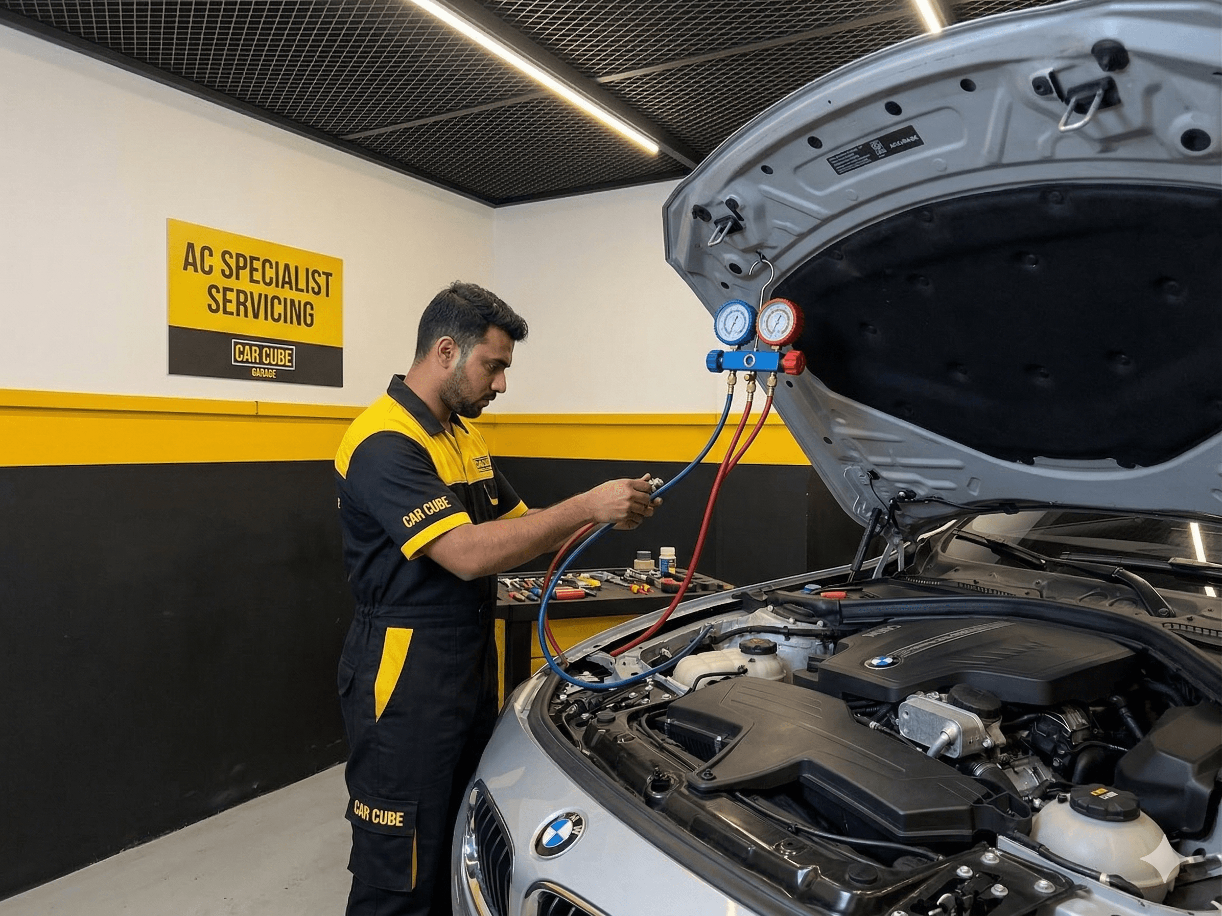 car ac repair dubai mechanic checking air conditioning system